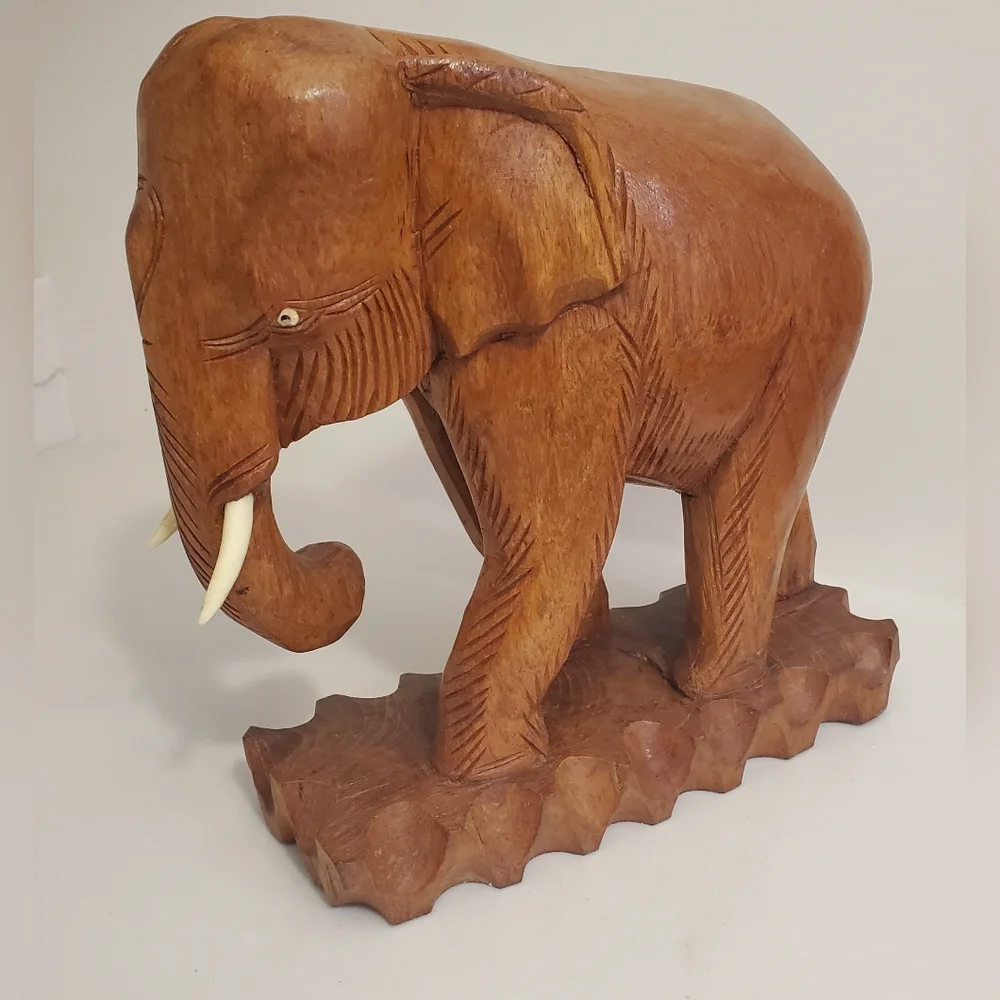 Vintage Large Teak Wooden Elephant With Tusks Hand Carved Solid Wood